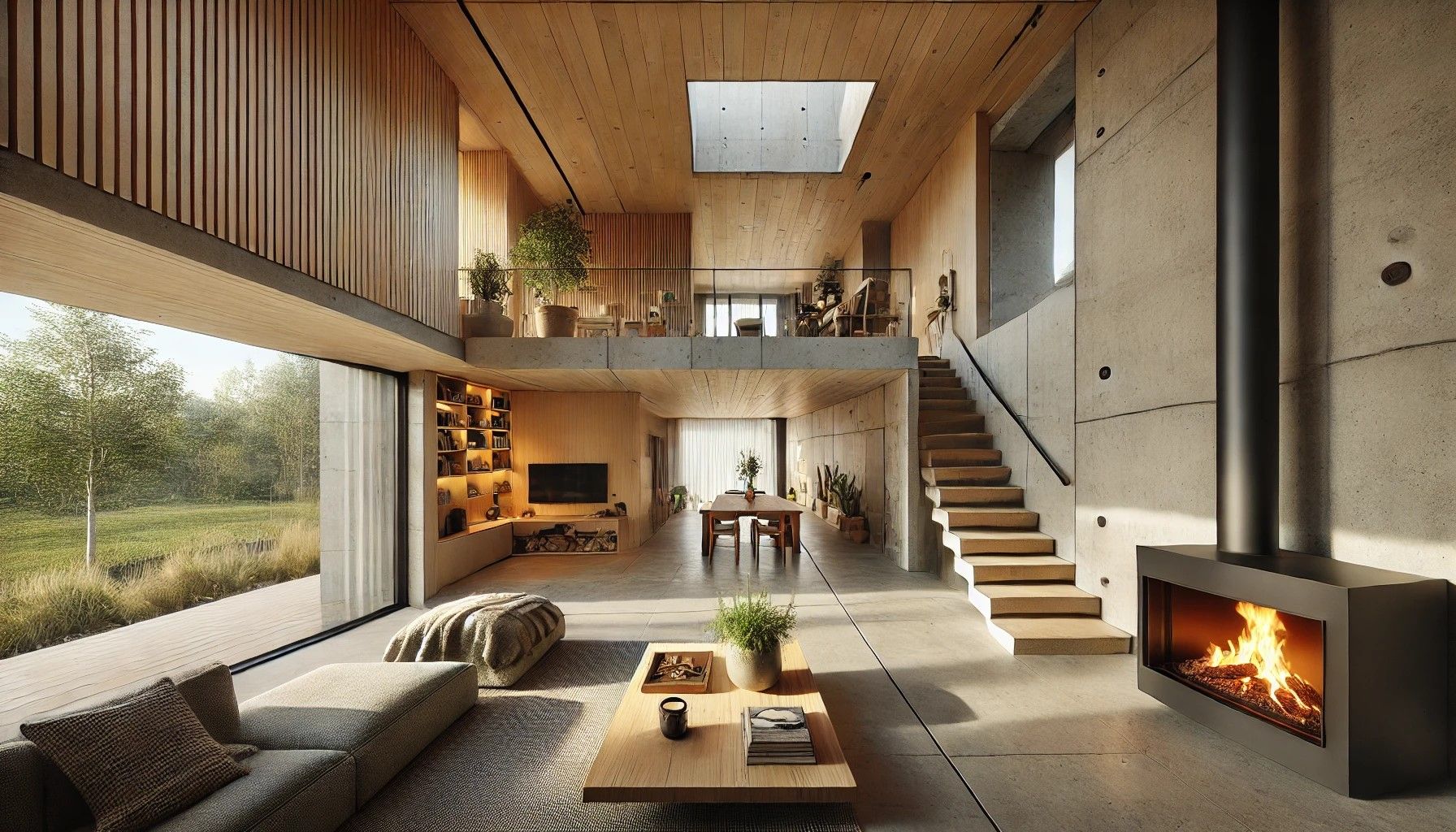 Modernes Wohnzimmer mit Kamin und Blick auf die Natur draußen. Helle Farben und stilvolle Möbel schaffen eine einladende Atmosphäre.
