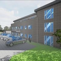 Künstlerische Darstellung des neuen Bürogebäudes mit moderner Architektur und ansprechendem Design.