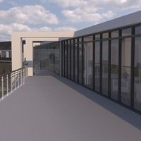 Eine Darstellung des neuen Gebäudes an der Universität von Kalifornien, Berkeley, umgeben von grüner Landschaft.