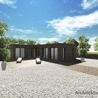 Moderne Wohnhausdarstellung mit einem einladenden Patio-Bereich, der zum Entspannen im Freien einlädt.
