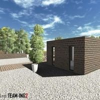 Eine Darstellung eines Backsteinhauses mit einem gepflegten Garten im Vordergrund.