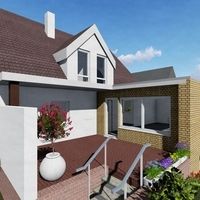 Eine Darstellung eines Hauses mit einer Veranda und einem überdachten Eingangsbereich.