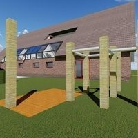 3D-Rendering eines Hauses mit einem Spielplatz, der eine einladende und kinderfreundliche Umgebung darstellt.