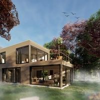 Modernes Haus im Wald, umgeben von Bäumen und Vögeln, harmonisch in die Natur integriert.