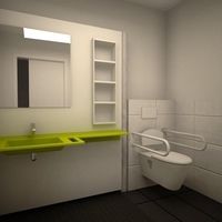 Kleines Badezimmer mit grünem Waschbecken und Toilette, schlicht und funktional gestaltet.