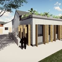 Eine Darstellung eines Hauses mit Garten und einem Fahrrad im Vordergrund.