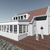 Eine Darstellung eines Hauses mit einer großen Veranda, die einladend und gemütlich wirkt.