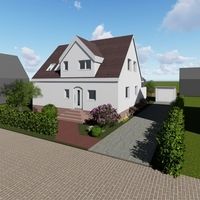 3D-Darstellung eines Hauses mit Einfahrt, umgeben von grüner Landschaft und klarem Himmel.