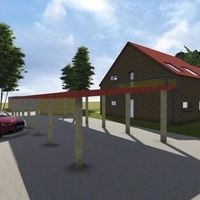 Eine Darstellung eines Hauses mit einem Auto, das davor geparkt ist, in einer ruhigen Wohngegend.
