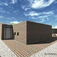 Eine Darstellung eines Backsteinhauses mit einer Terrasse, umgeben von einer grünen Landschaft.