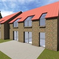 3D-Darstellung eines Hauses mit rotem Dach, umgeben von einer grünen Landschaft und klarem Himmel.