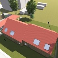 3D-Darstellung eines Hauses mit rotem Dach, umgeben von einer grünen Landschaft und klarem Himmel.