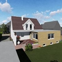 Eine Darstellung eines Hauses mit Garten und Garage, umgeben von einer einladenden Landschaft.